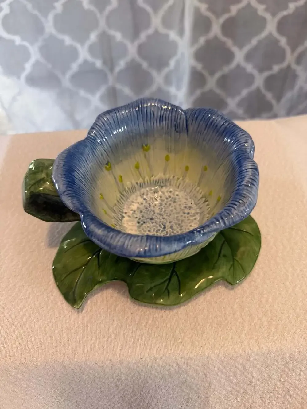 Lady Jayne 2005 Ceramic Blue Flower Teacup and Leaf Saucer Set